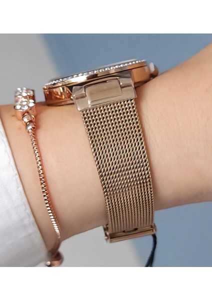Rose Kadranlı, Taşlı, Rose Gold Kadın Kol Saati + Zirkon Taşlı Bileklik fiyatları