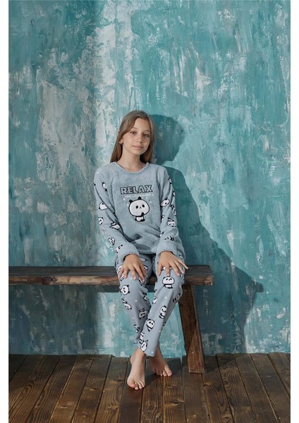 Mint Relax Panda Desenli Kız Çocuk Peluş Pijama Takım