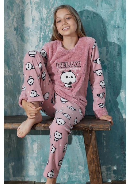 Pijama Evi Pudra Relax Panda Desenli Kız Çocuk Peluş Pijama Takım