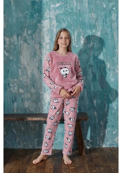 Pijama Evi Pudra Relax Panda Desenli Kız Çocuk Peluş Pijama Takım