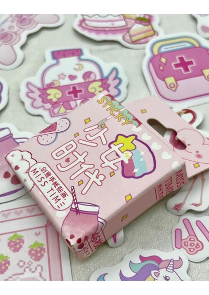 Çizgi Film Temalı Pembe Bi Dolu Kutu Sticker / Bullet Journal / Defter Süsleme/ Çıkartma