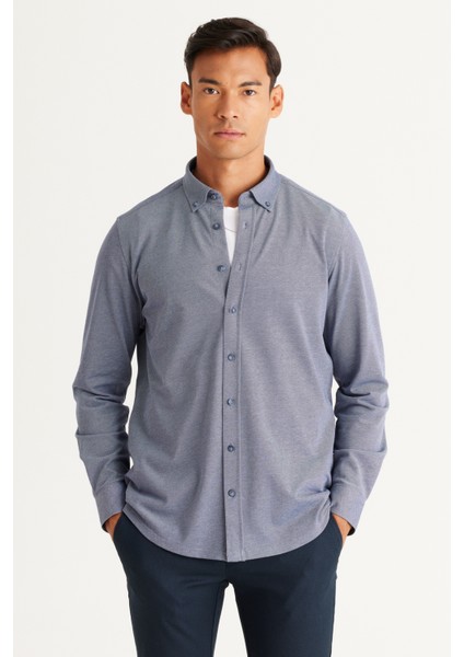 ALTINYILDIZ CLASSICS Erkek Lacivert Slim Fit Dar Kesim Düğmeli Yaka Pike Desenli Örme Gömlek