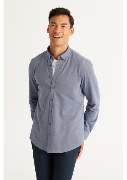ALTINYILDIZ CLASSICS Erkek Lacivert Slim Fit Dar Kesim Düğmeli Yaka Pike Desenli Örme Gömlek fırsatları