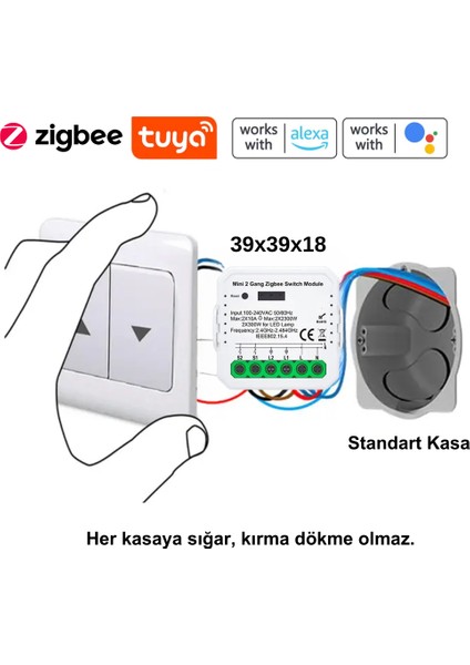 Tuya Uyumlu Zigbee Çift Çıkışlı Akıllı Anahtar (10A - 220V Röle) Anahtar Girişli, Google Asistan, Alexa Home Assistant Zigbee2MQTT ZHA Destekli Switch