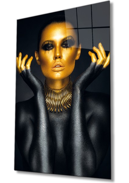 Altın Dudak Afrikalı Kadın Cam Tablo