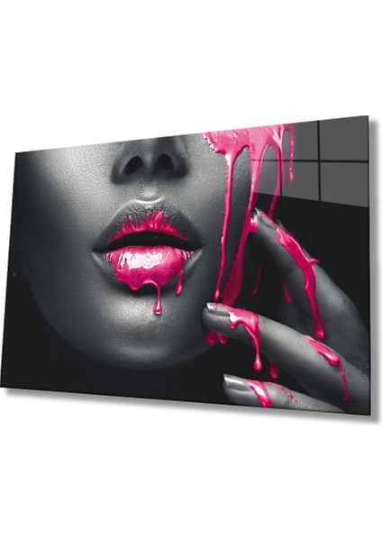 Pembe Dudaklı Kadın Cam Tablo