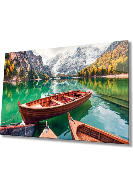 Kayık ve Göl Manzara Doğa Cam Tablo, Ev ve Ofis Duvar Dekoru, Hediyelik Büyük Temperli Cam Tablo