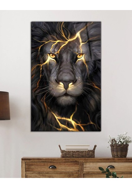 Sarı Gözlü Aslan Hayvan Portresi Cam Tablo, Ev ve Ofis Duvar Dekoru, Hediyelik Büyük Cam Tablo fiyatları