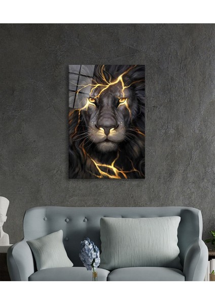 Sarı Gözlü Aslan Hayvan Portresi Cam Tablo, Ev ve Ofis Duvar Dekoru, Hediyelik Büyük Cam Tablo modelleri