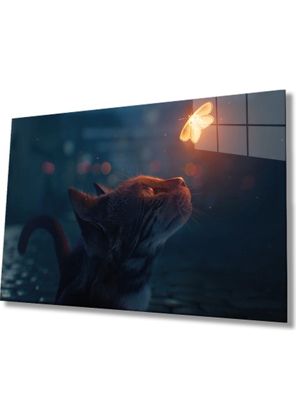 Kedi ve Kelebek Soyut Cam Tablo, Ev ve Ofis Duvar Dekoru, Hediyelik Büyük Temperli 4 mm Cam Tablo