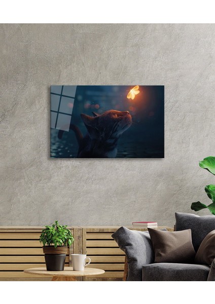 Kedi ve Kelebek Soyut Cam Tablo, Ev ve Ofis Duvar Dekoru, Hediyelik Büyük Temperli 4 mm Cam Tablo fiyatları