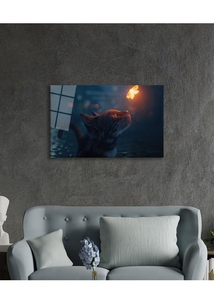 Kedi ve Kelebek Soyut Cam Tablo, Ev ve Ofis Duvar Dekoru, Hediyelik Büyük Temperli 4 mm Cam Tablo modelleri