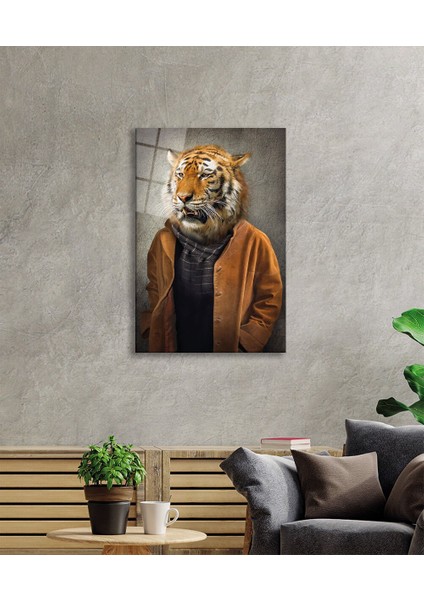 Insan Vücutlu Kaplan Hayvan Portresi Cam Tablo, Ev ve Ofis Duvar Dekoru, Hediyelik Büyük Cam Tablo fiyatları