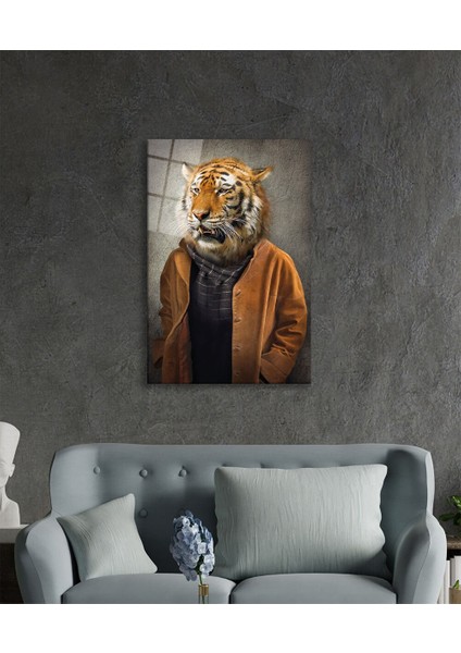 Insan Vücutlu Kaplan Hayvan Portresi Cam Tablo, Ev ve Ofis Duvar Dekoru, Hediyelik Büyük Cam Tablo modelleri