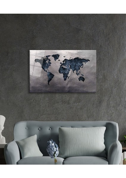 Gri Eskitme Dünya Haritası Cam Tablo, Ev ve Ofis Duvar Dekoru, Hediyelik Büyük Temperli Cam Tablo modelleri