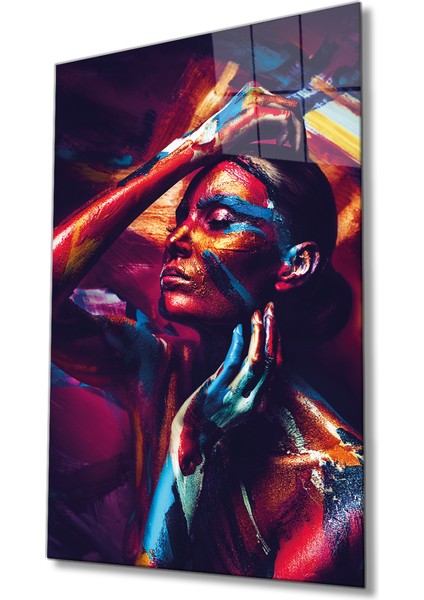 Rengarenk Parıltılı Kadın Cam Tablo, Ev ve Ofis Duvar Dekoru, Hediyelik Büyük Temperli Cam Tablo