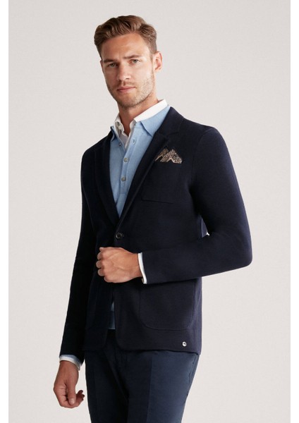 Lacivert Extrafine Merino Triko Blazer Ceket