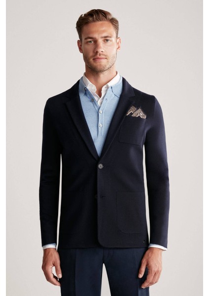 Lacivert Extrafine Merino Triko Blazer Ceket