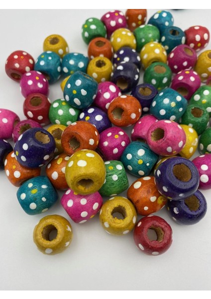 18MM Karışık Renkli Çiçek Puantiye Desenli Ahşap,tahta Boncuk (50GR,~30 Adet)