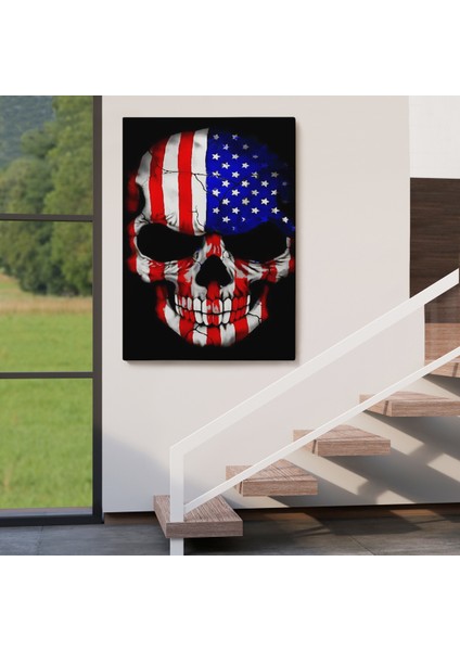 Amerika Bayrağı ve Kurukafa Dekoratif Duvar TABLOSU-6356