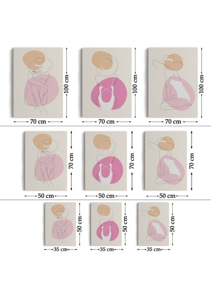 3’lü Tablo Zarif Kadınlar Çizgi Sanat Tarzında Dekoratif Tablo Seti-Ar-17