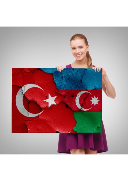Türkiye Azerbaycan Bayrak Desenli Dekoratif Kanvas TABLO-6516