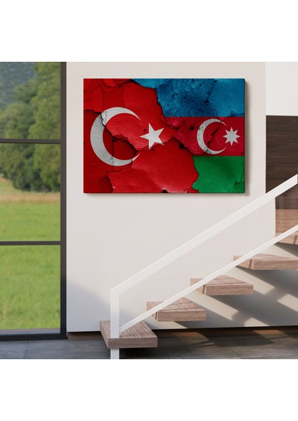 Türkiye Azerbaycan Bayrak Desenli Dekoratif Kanvas TABLO-6516