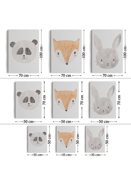 3’lü Tablo Sevimli Hayvanlar Suluboya Görünümlü Dekoratif Tablo Seti-Bü-47