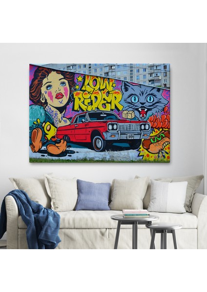 Grafiti Ile Yapilmiş Retro Kırmızı Araba Kanvas TABLO-5027