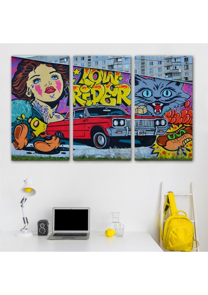 Grafiti Ile Yapilmiş Retro Kırmızı Araba Kanvas TABLO-5027
