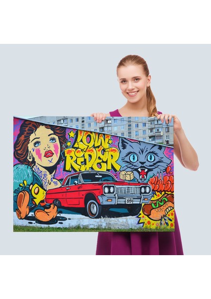 Grafiti Ile Yapilmiş Retro Kırmızı Araba Kanvas TABLO-5027