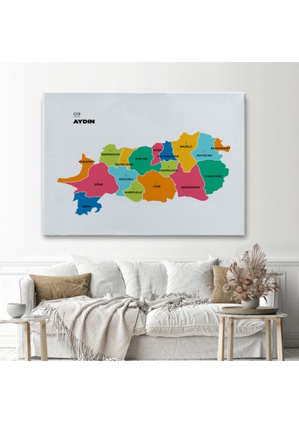 Aydın Ili ve Ilçeler Haritası Dekoratif Kanvas Tablo 1276