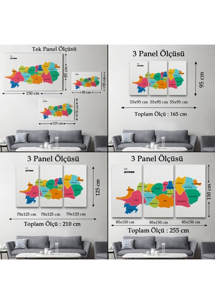 Aydın Ili ve Ilçeler Haritası Dekoratif Kanvas Tablo 1276