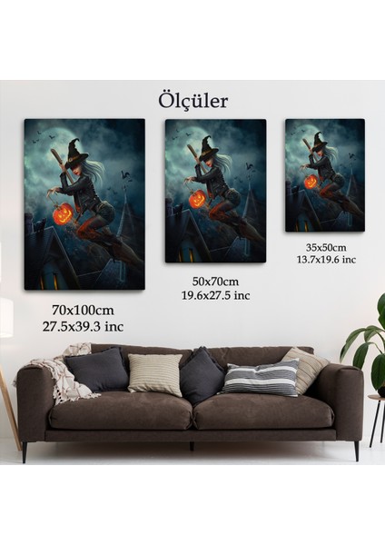 Süpürge Ile Uçan Cadı ve Kabağı Cadılar Bayramı Helloven Duvar Tablosu -6175