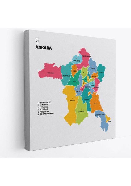 Ankara Ili ve Ilçeler Haritası Dekoratif Kanvas Tablo 1266