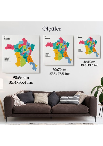 Ankara Ili ve Ilçeler Haritası Dekoratif Kanvas Tablo 1266