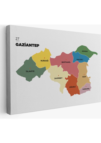 Gaziantep Ili ve Ilçeler Haritası Dekoratif Kanvas Tablo 1343