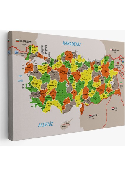 Türkiye Haritası Kanvas Tablo Il ve Ilçeli Ayrıntılı Eğitici Komşulu Tablo 2999