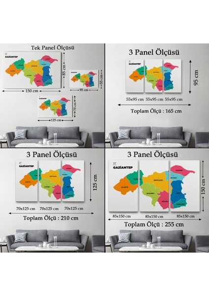 Gaziantep Ili ve Ilçeler Haritası Dekoratif Kanvas Tablo 1342