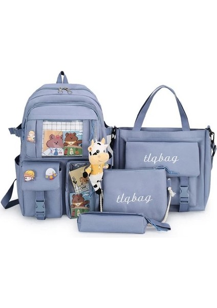 4 Parça Büyük Kapasiteli Okul Çantası Seti - Mavi (Yurt Dışından)
