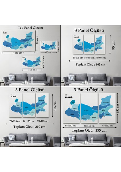 Elazığ Ili ve Ilçeler Haritası Dekoratif Kanvas Tablo 1332