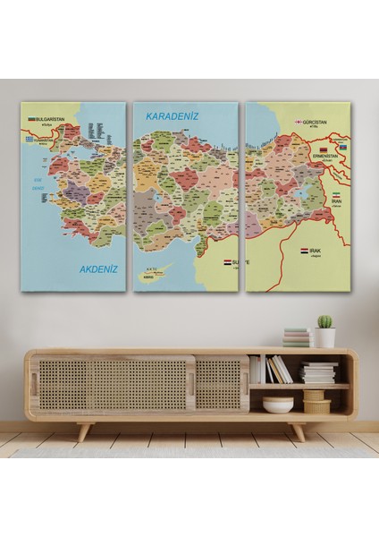 Türkiye Haritası Kanvas Tablo Il ve Ilçeli Ayrıntılı Eğitici Komşulu Tablo 3017 modelleri