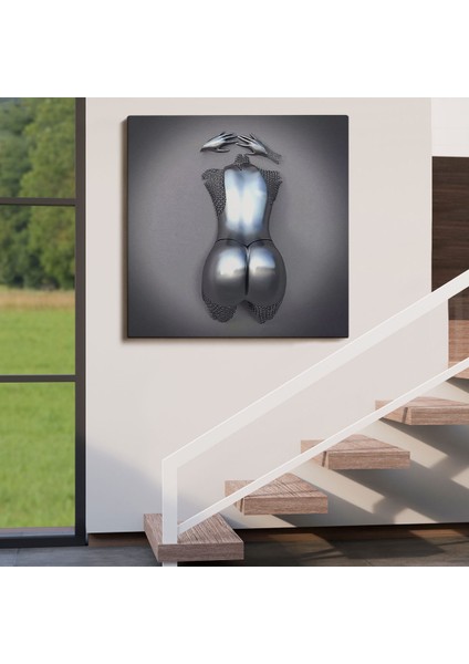 3D Efektli Gümüş Insan, Gri ve Gümüş Duvar Dekoru, Metalik Efektli Kanvas TABLO-5351 fırsatları