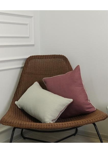 2'li Kombin Keten Görünümlü Kırlent Kılıfı Biyeli Gül Kurusu ve Gri Renginde