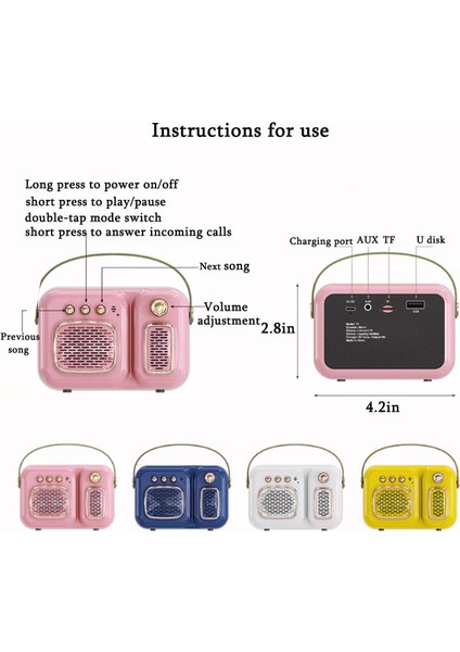 Mini Taşınabilir Hoparlör, Net Stereo ile Sevimli Kablosuz Bluetooth Hoparlör, Dahili Mikrofon, Seyahat Dış Mekan Ev Ofis Için Retro Hoparlör (Pembe) (Yurt Dışından)
