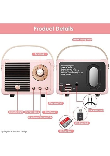 Retro Bluetooth Hoparlör, Stereo Sesli Kablosuz Vintage Küçük Hoparlör, Ahizesiz Arama, 400MA Pil, Tf Kartı, Aux Hattı, Ios Android Akıllı Telefon Için Su Geçirmez Ev Ofis Hediye F (Yurt Dışından) fiyatları