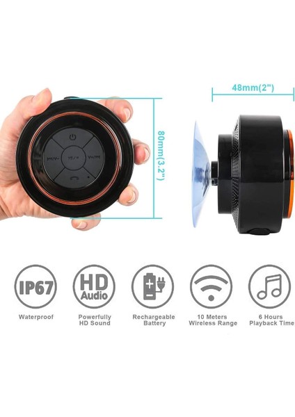 Bluetooth Duş Hoparlörleri, Taşınabilir Kablosuz Suya Dayanıklı Hoparlör Vantuz, Telefonlara, Tabletlere, Bilgisayarlara Kolayca Eşleşir (Siyah ve Turuncu) (Yurt Dışından)