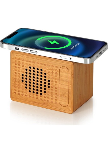Kablosuz Şarj Aletli Bluetooth Hoparlör, 10 W Hızlı Kablosuz Şarj, 12 Saat Çalma Süresi, El Yapımı Bambu Hoparlörler, Küçük ve Taşınabilir, iPhone ipad Android Akıllı Cihazlar ve D (Yurt Dışından)