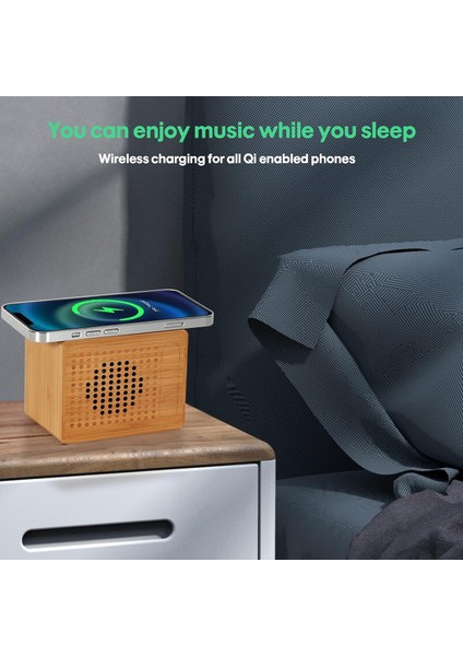 Kablosuz Şarj Aletli Bluetooth Hoparlör, 10 W Hızlı Kablosuz Şarj, 12 Saat Çalma Süresi, El Yapımı Bambu Hoparlörler, Küçük ve Taşınabilir, iPhone ipad Android Akıllı Cihazlar ve D (Yurt Dışından)