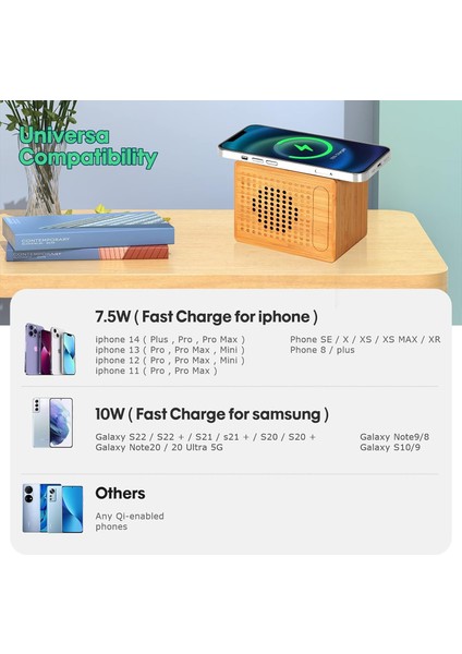 Kablosuz Şarj Aletli Bluetooth Hoparlör, 10 W Hızlı Kablosuz Şarj, 12 Saat Çalma Süresi, El Yapımı Bambu Hoparlörler, Küçük ve Taşınabilir, iPhone ipad Android Akıllı Cihazlar ve D (Yurt Dışından)